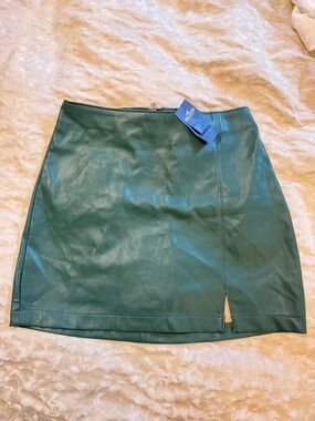 Green Faux Leather Mini Skirt with Front Slit
